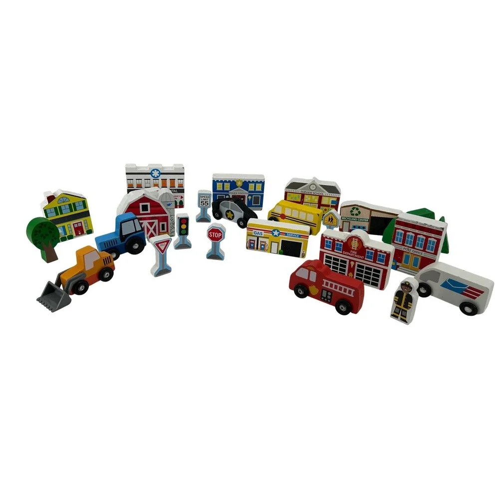 Melissa & Doug Wooden Town Play Set Buildings Vehicles Signs 24 Piece‎ Lot